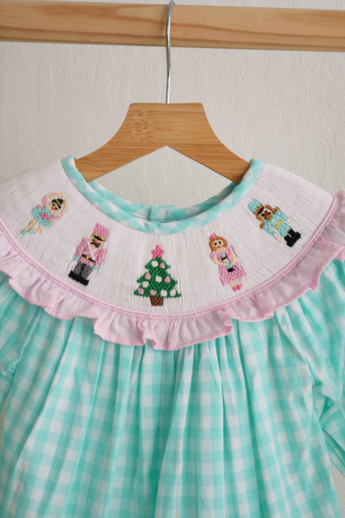 Mint Christmas Nutcracker Hand Smocked Gingham Dress - Timeless Holiday Style for Girls