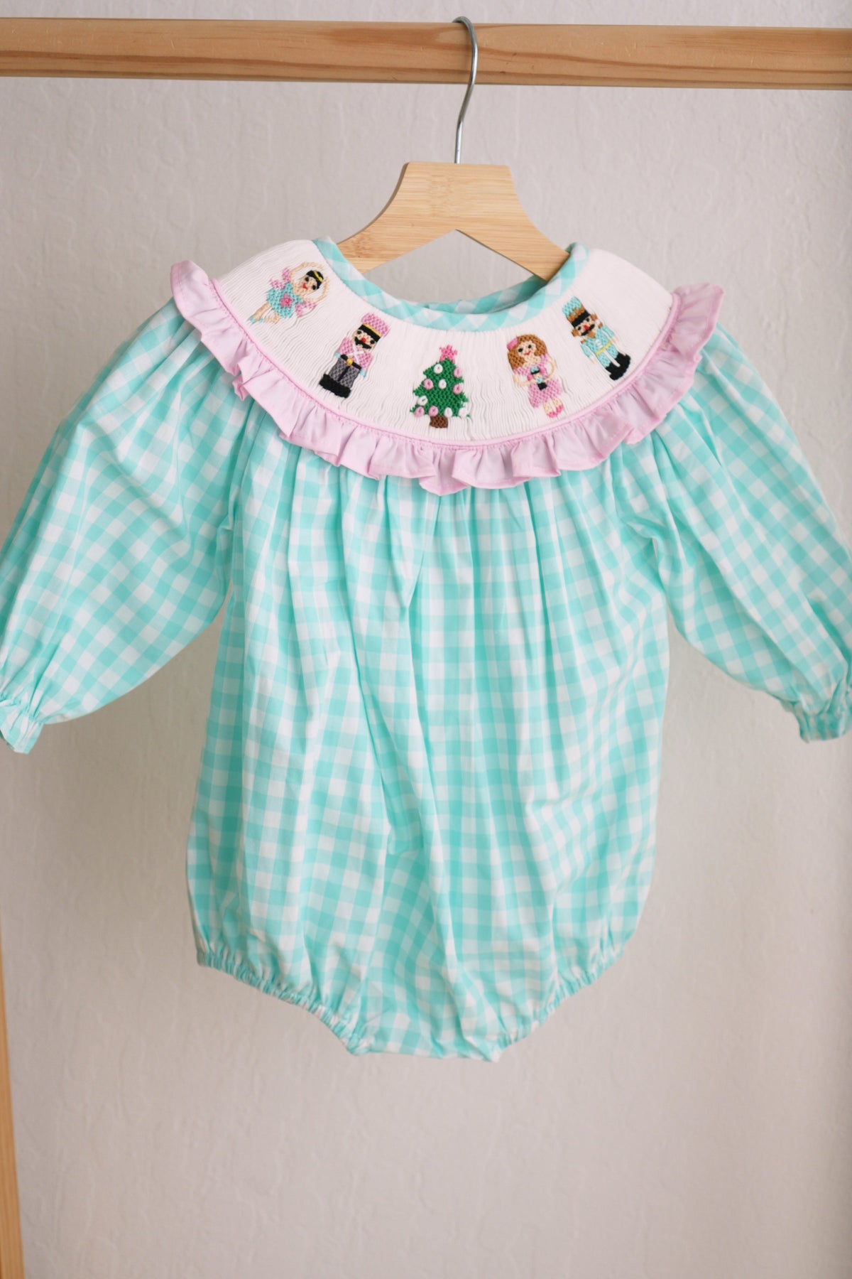 Mint Christmas Nutcracker Hand Smocked Gingham Bubble - Whimsical Holiday Style for Baby Girls