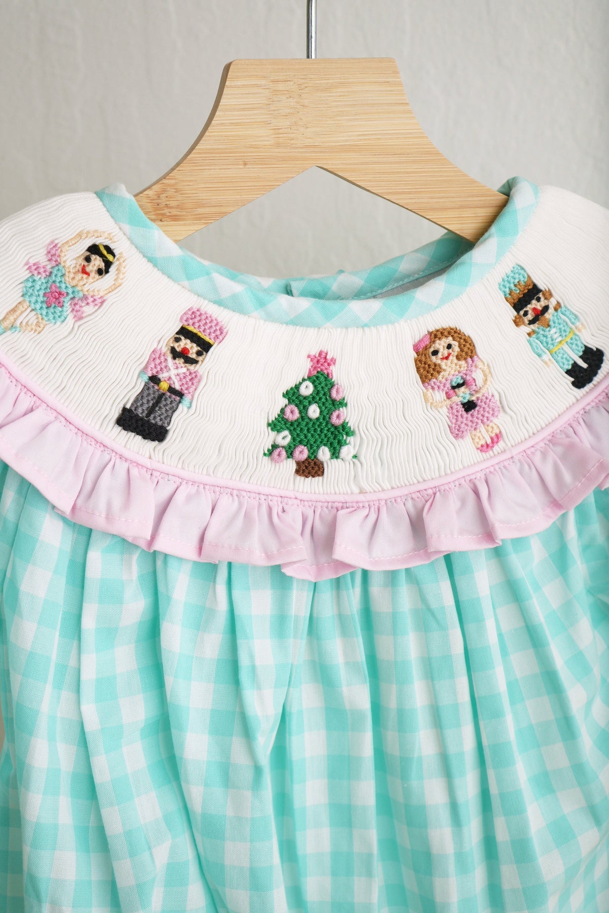 Mint Christmas Nutcracker Hand Smocked Gingham Bubble - Whimsical Holiday Style for Baby Girls
