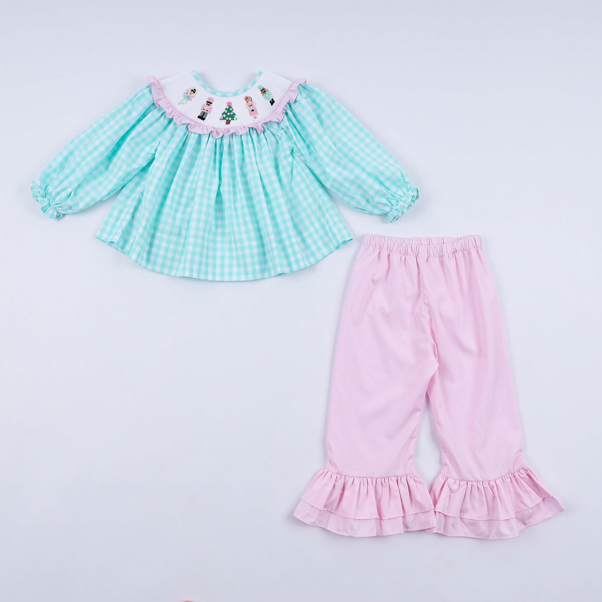 Mint Christmas Nutcracker Hand Smocked Gingham Ruffle Pants Set - Whimsical Holiday Style for Girls