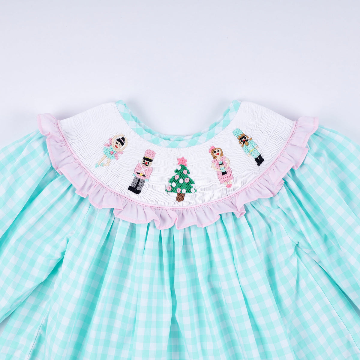 Mint Christmas Nutcracker Hand Smocked Gingham Ruffle Pants Set - Whimsical Holiday Style for Girls