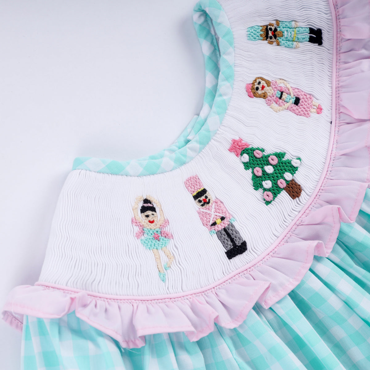Mint Christmas Nutcracker Hand Smocked Gingham Ruffle Pants Set - Whimsical Holiday Style for Girls