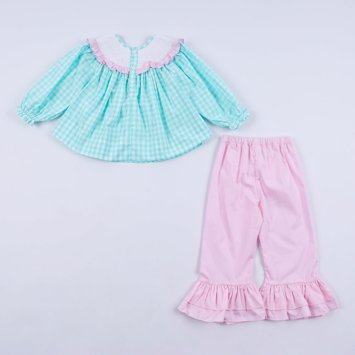 Mint Christmas Nutcracker Hand Smocked Gingham Ruffle Pants Set - Whimsical Holiday Style for Girls