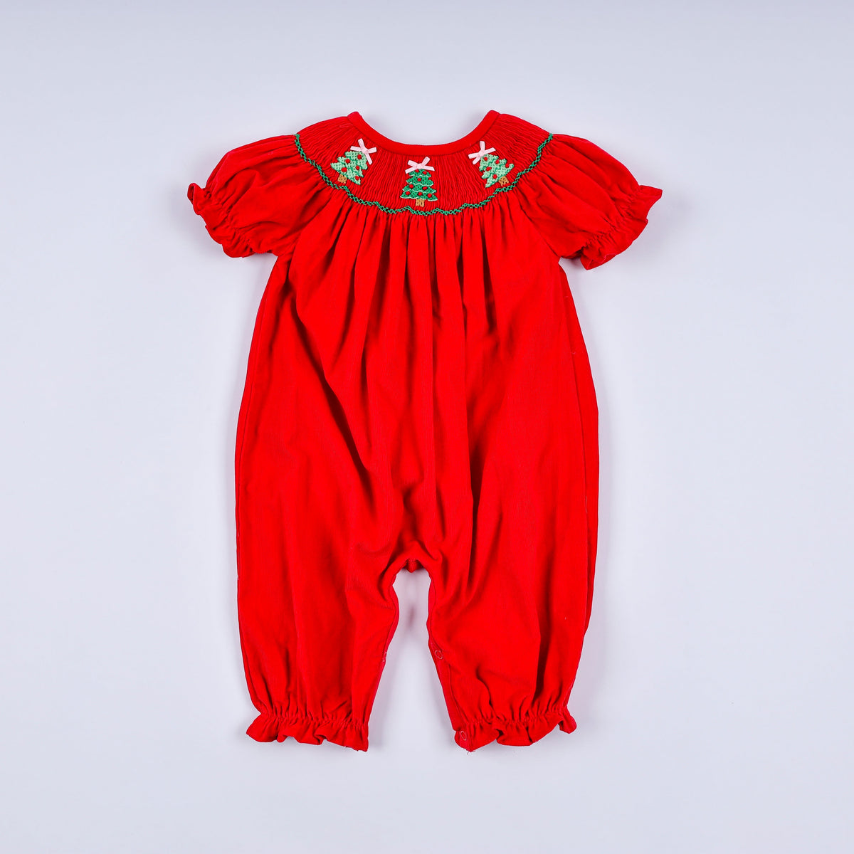 Red Christmas Tree Hand Smocked Romper - Festive Holiday Style for Baby Girls