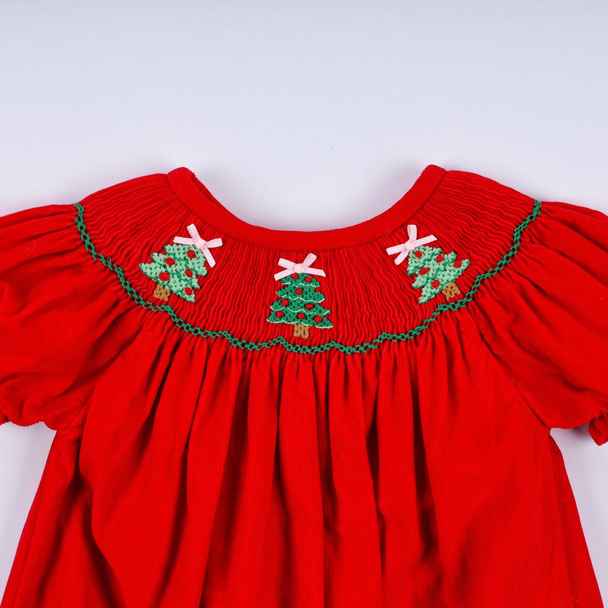 Red Christmas Tree Hand Smocked Romper - Festive Holiday Style for Baby Girls