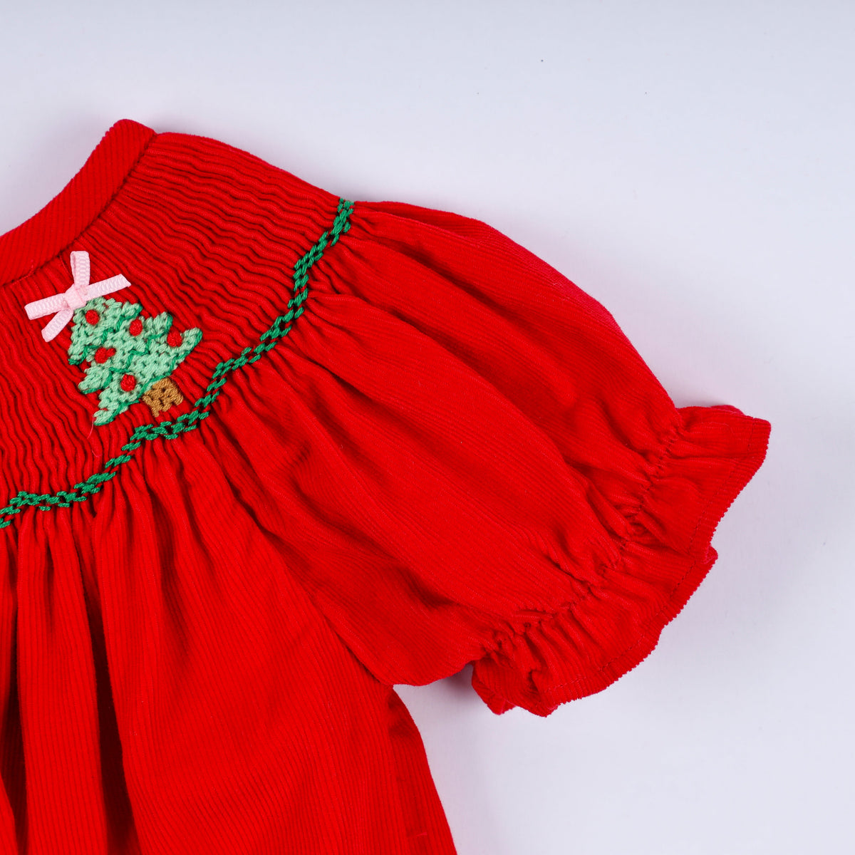 Red Christmas Tree Hand Smocked Romper - Festive Holiday Style for Baby Girls