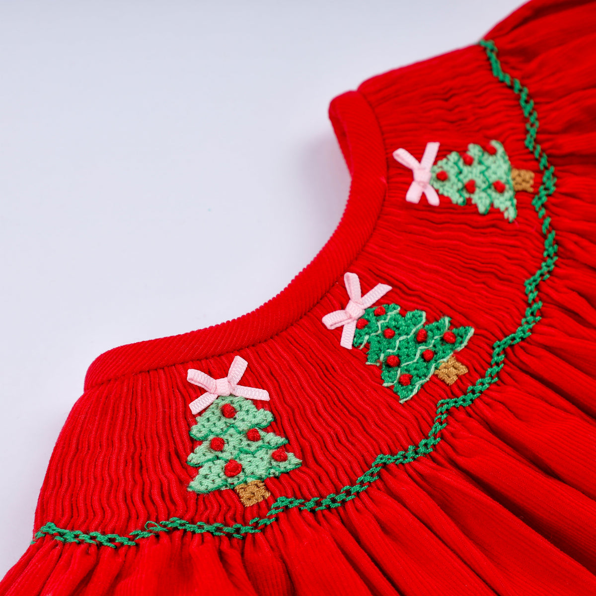 Red Christmas Tree Hand Smocked Romper - Festive Holiday Style for Baby Girls