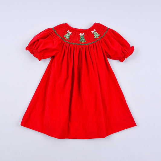 Red Christmas Tree Hand Smocked Dress - Classic Holiday Style for Girls
