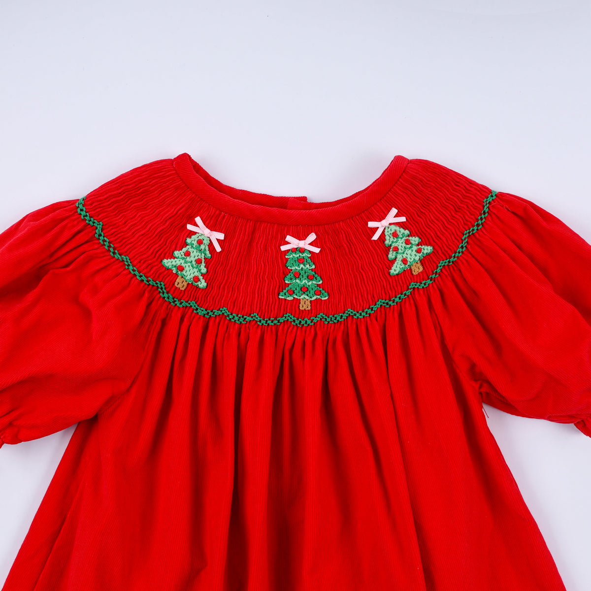 Red Christmas Tree Hand Smocked Dress - Classic Holiday Style for Girls