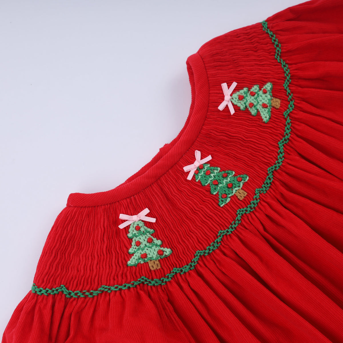 Red Christmas Tree Hand Smocked Dress - Classic Holiday Style for Girls