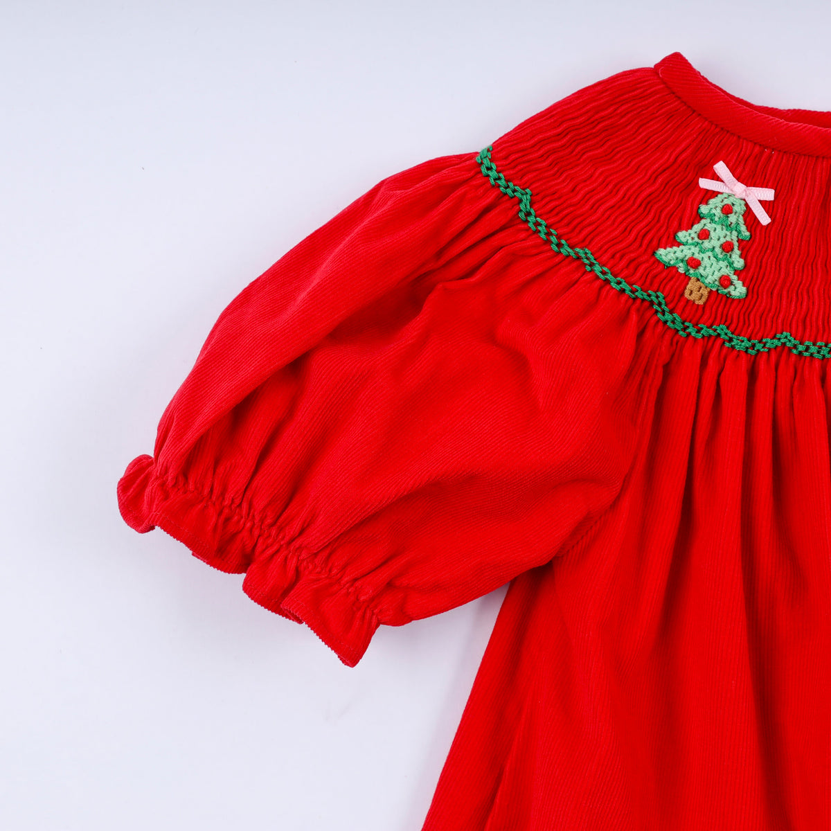 Red Christmas Tree Hand Smocked Dress - Classic Holiday Style for Girls