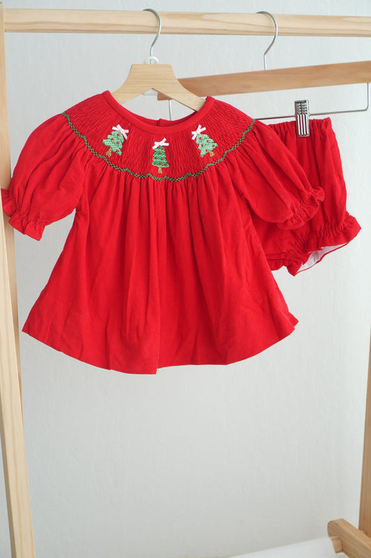 Red Christmas Tree Hand Smocked Bloomer Set - Sweet Holiday Style for Baby Girls