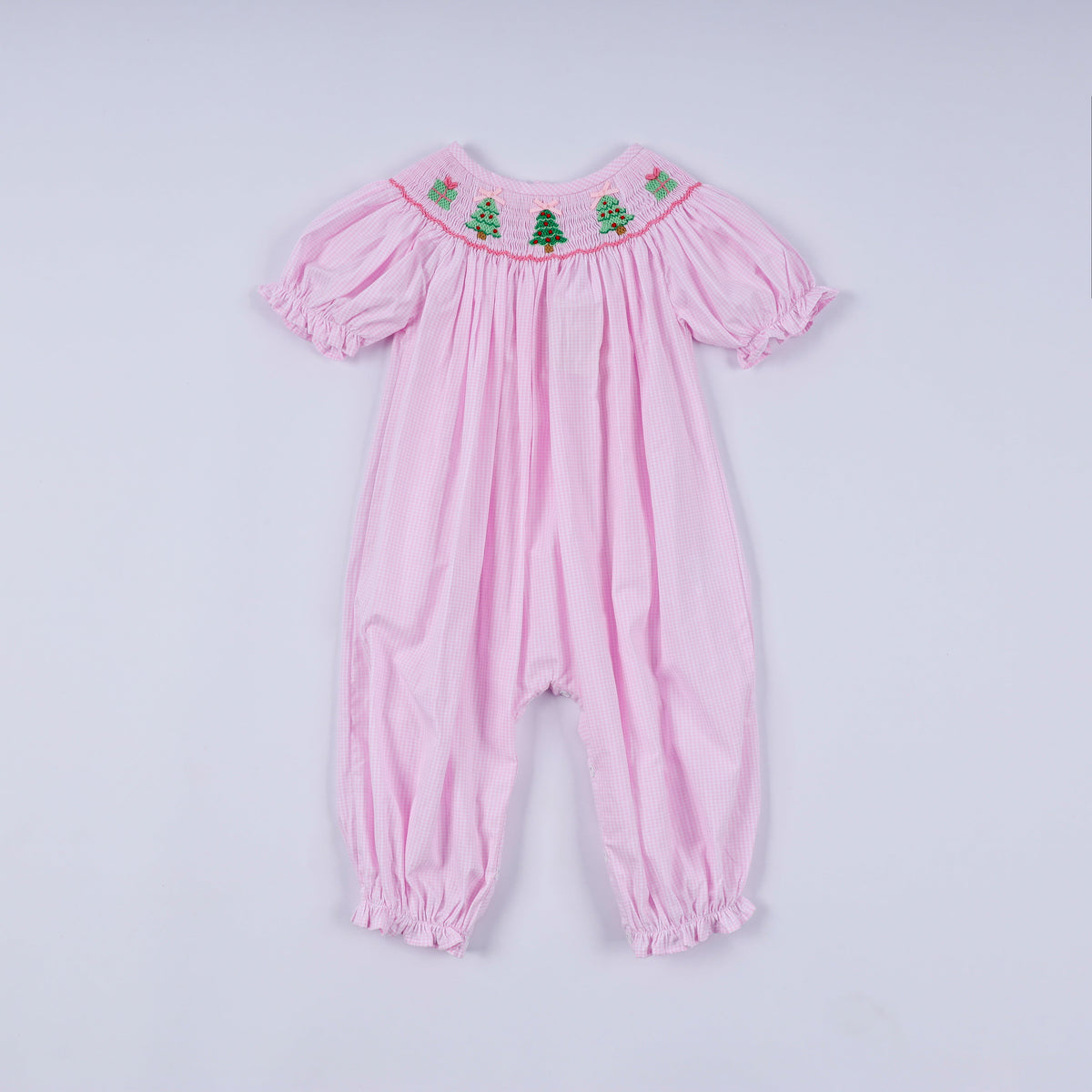 Pink Christmas Tree Hand Smocked Ruffle Romper - Whimsical Holiday Style for Baby Girls