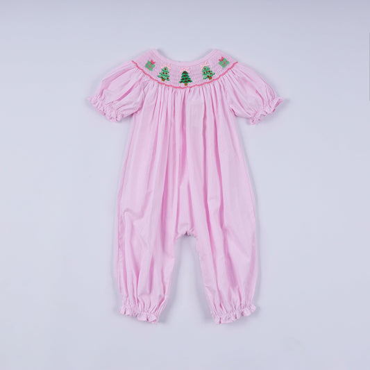 Pink Christmas Tree Hand Smocked Ruffle Romper - Whimsical Holiday Style for Baby Girls