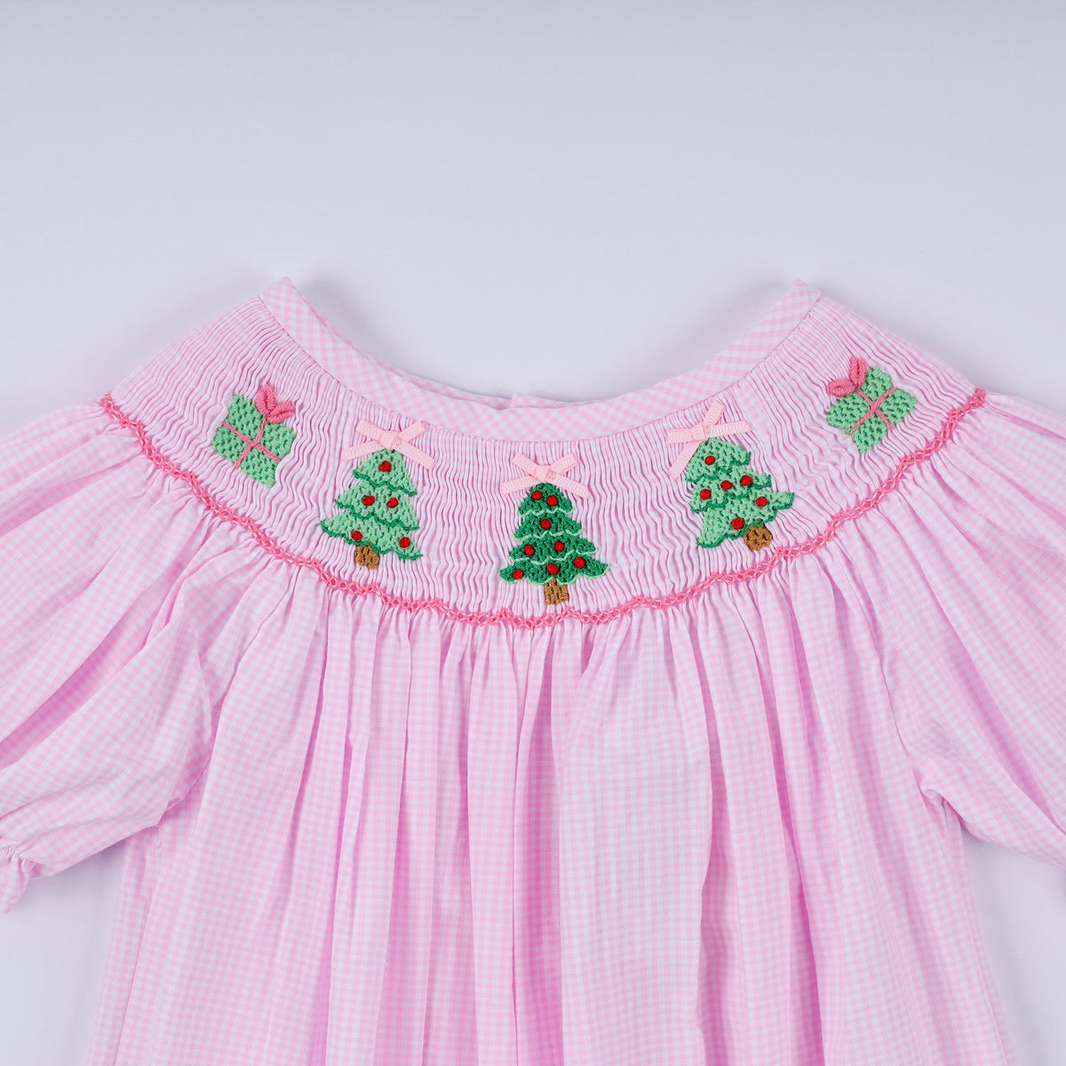 Pink Christmas Tree Hand Smocked Ruffle Romper - Whimsical Holiday Style for Baby Girls