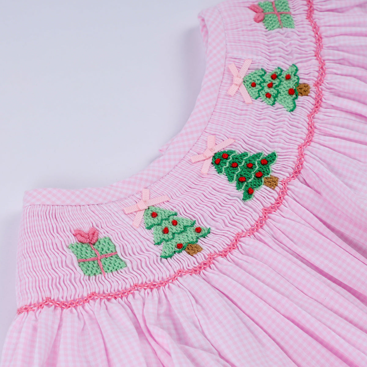 Pink Christmas Tree Hand Smocked Ruffle Romper - Whimsical Holiday Style for Baby Girls