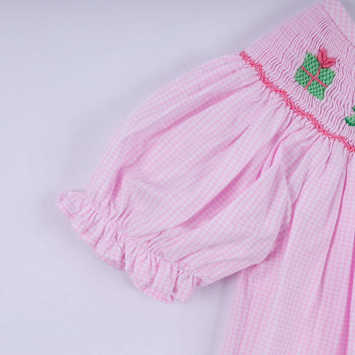 Pink Christmas Tree Hand Smocked Ruffle Romper - Whimsical Holiday Style for Baby Girls