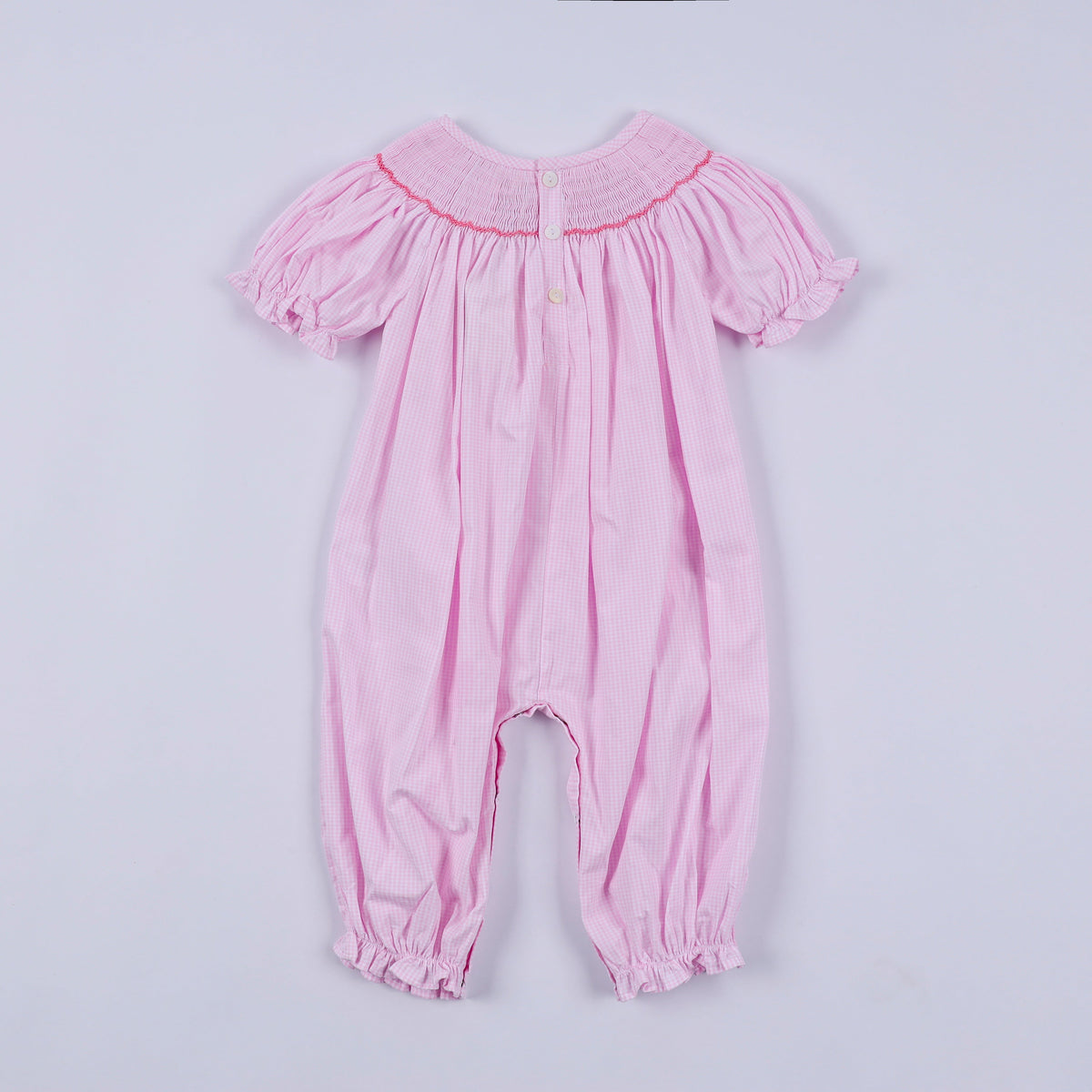 Pink Christmas Tree Hand Smocked Ruffle Romper - Whimsical Holiday Style for Baby Girls