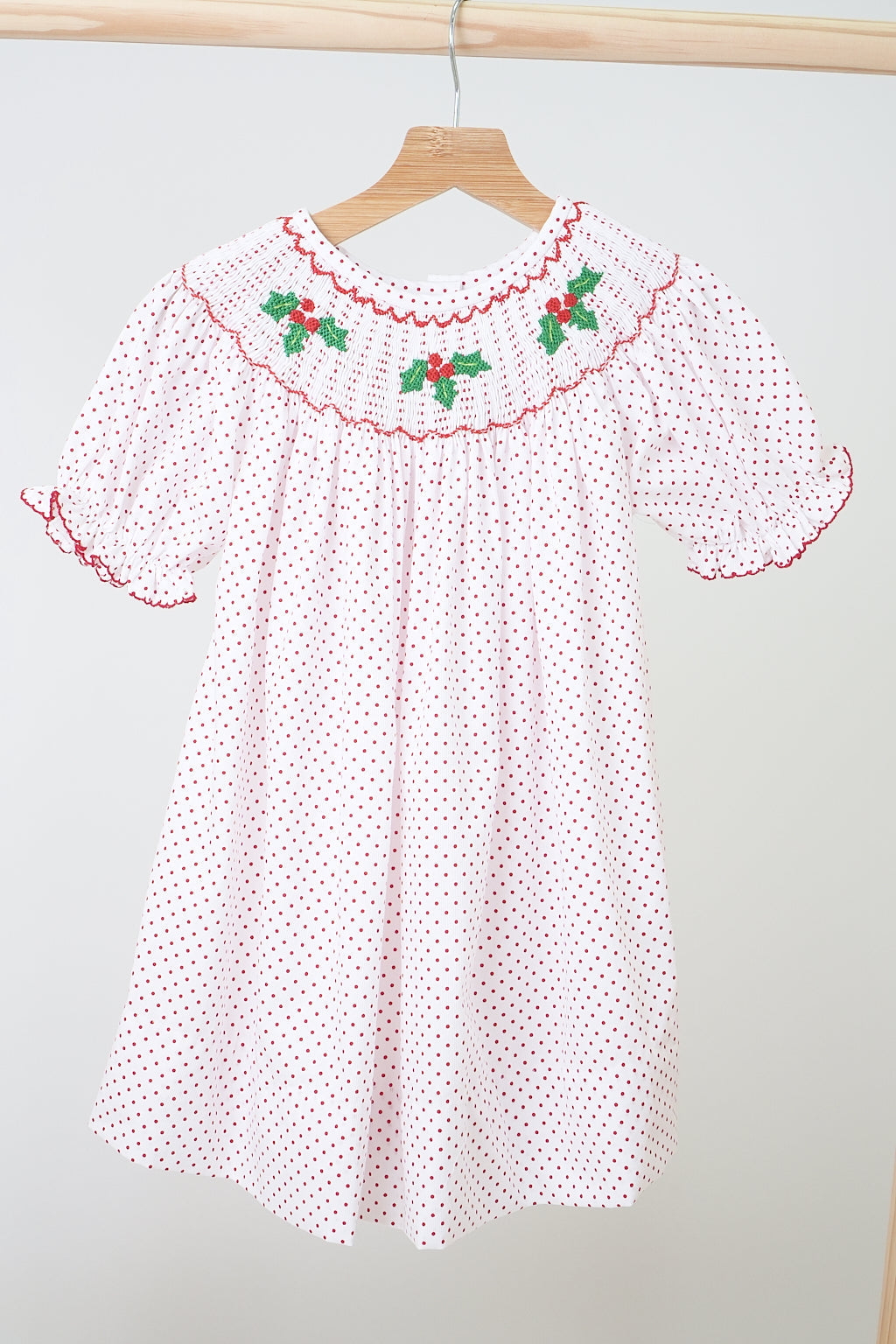 Pink Christmas Bishop Hand Smocked Dot Dress - Timeless Holiday Style for Girls