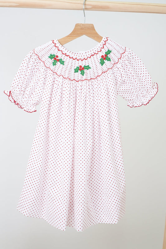 Pink Christmas Bishop Hand Smocked Dot Dress - Timeless Holiday Style for Girls