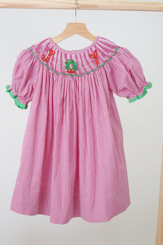 Pink Christmas Joy Hand Smocked Gingham Dress - Timeless Holiday Style for Girls