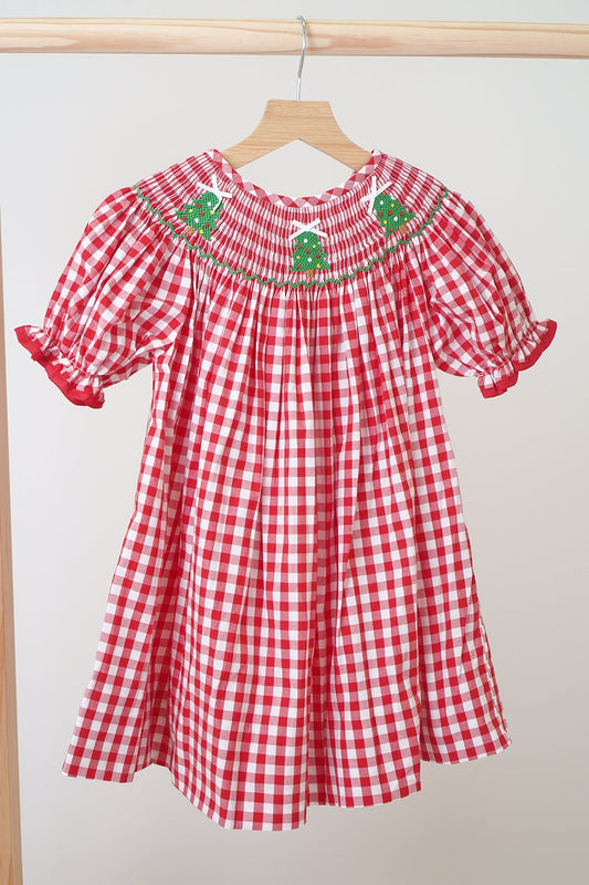 Red Christmas Tree Hand Smocked Gingham Dress - Timeless Holiday Style for Girls
