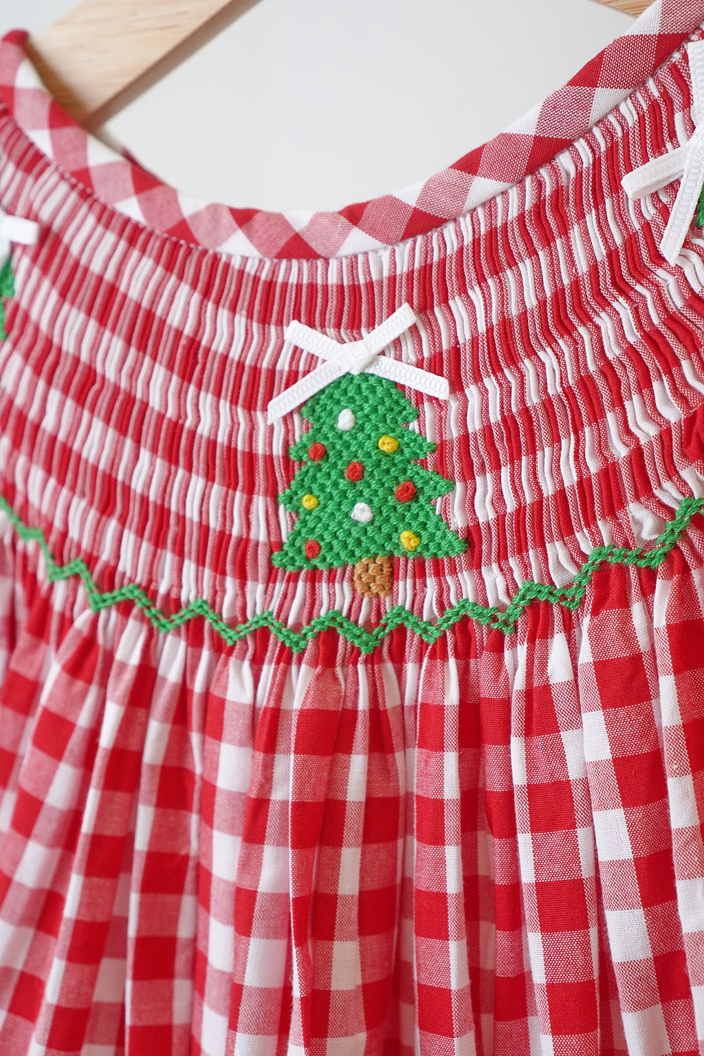 Red Christmas Tree Hand Smocked Gingham Dress - Timeless Holiday Style for Girls