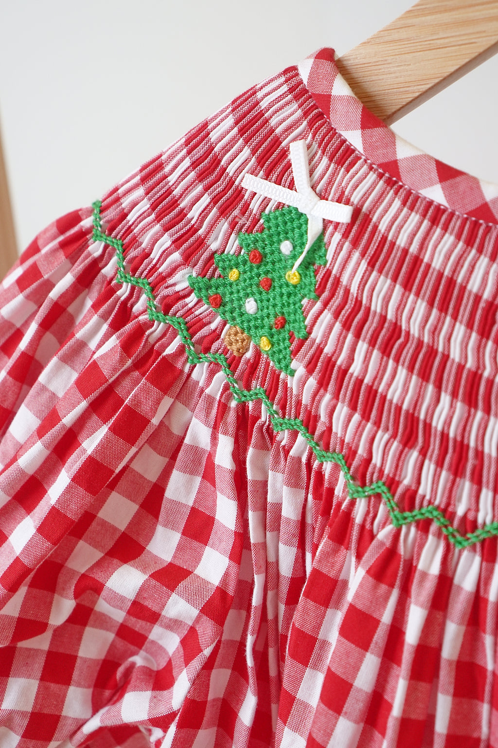 Red Christmas Tree Hand Smocked Gingham Dress - Timeless Holiday Style for Girls