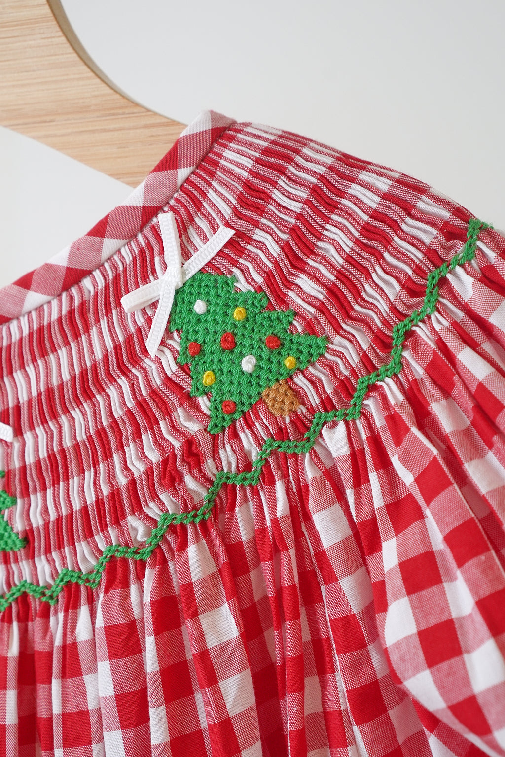 Red Christmas Tree Hand Smocked Gingham Dress - Timeless Holiday Style for Girls