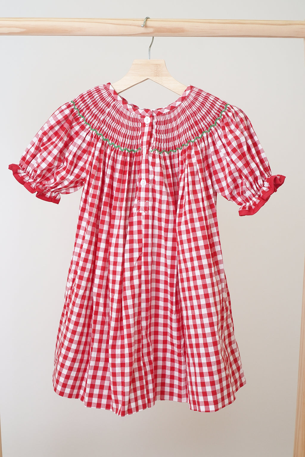 Red Christmas Tree Hand Smocked Gingham Dress - Timeless Holiday Style for Girls