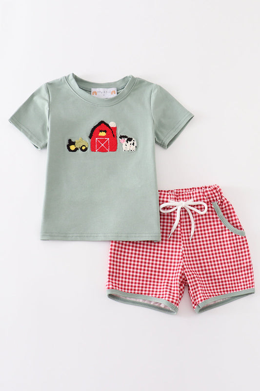 Green Farm French Knot Shorts Set – Whimsical Girls Two-Piece