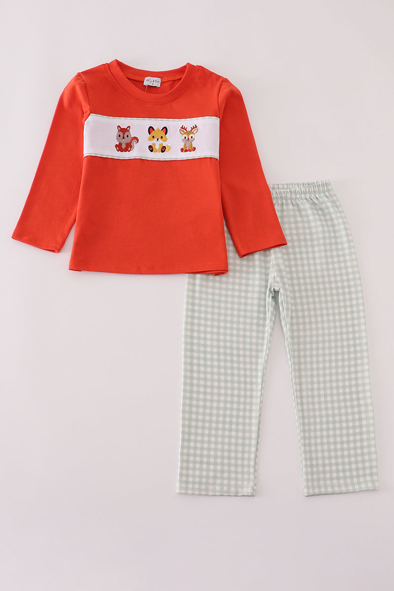 Fox Embroidery Gingham Pants Set