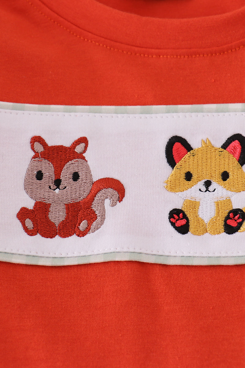 Fox Embroidery Gingham Pants Set