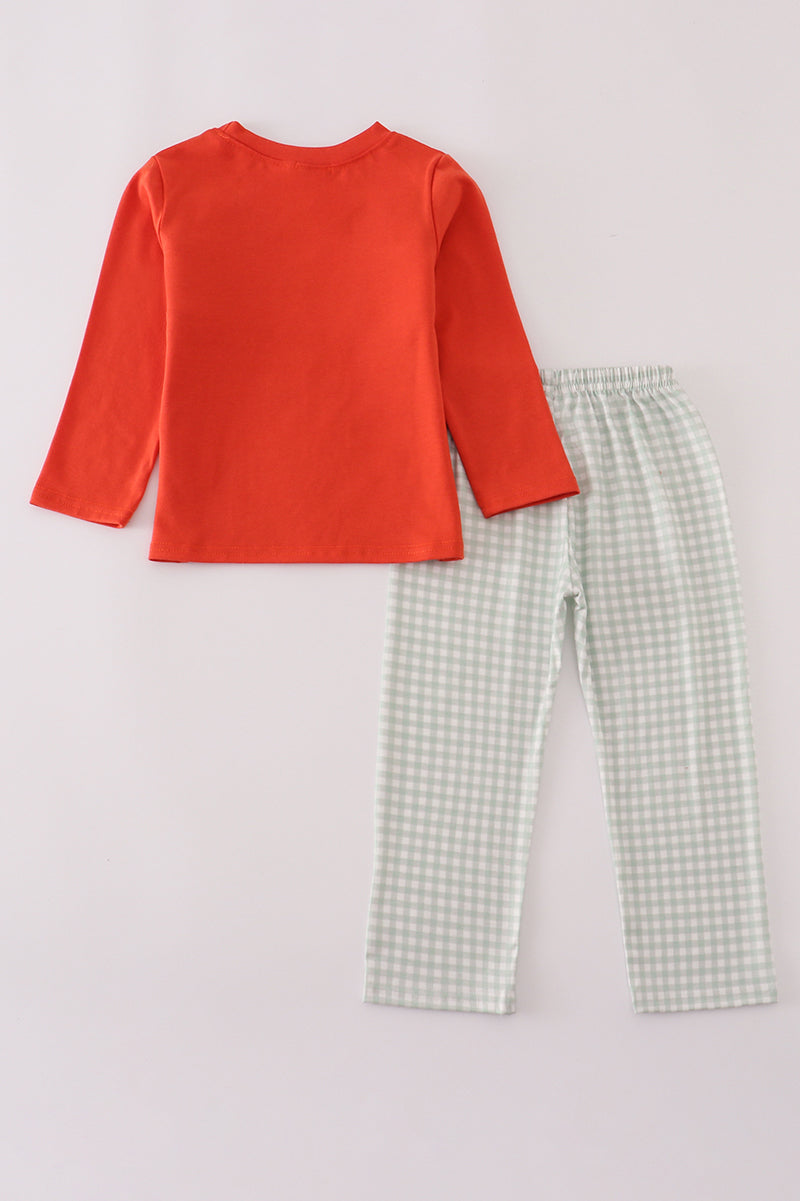 Fox Embroidery Gingham Pants Set
