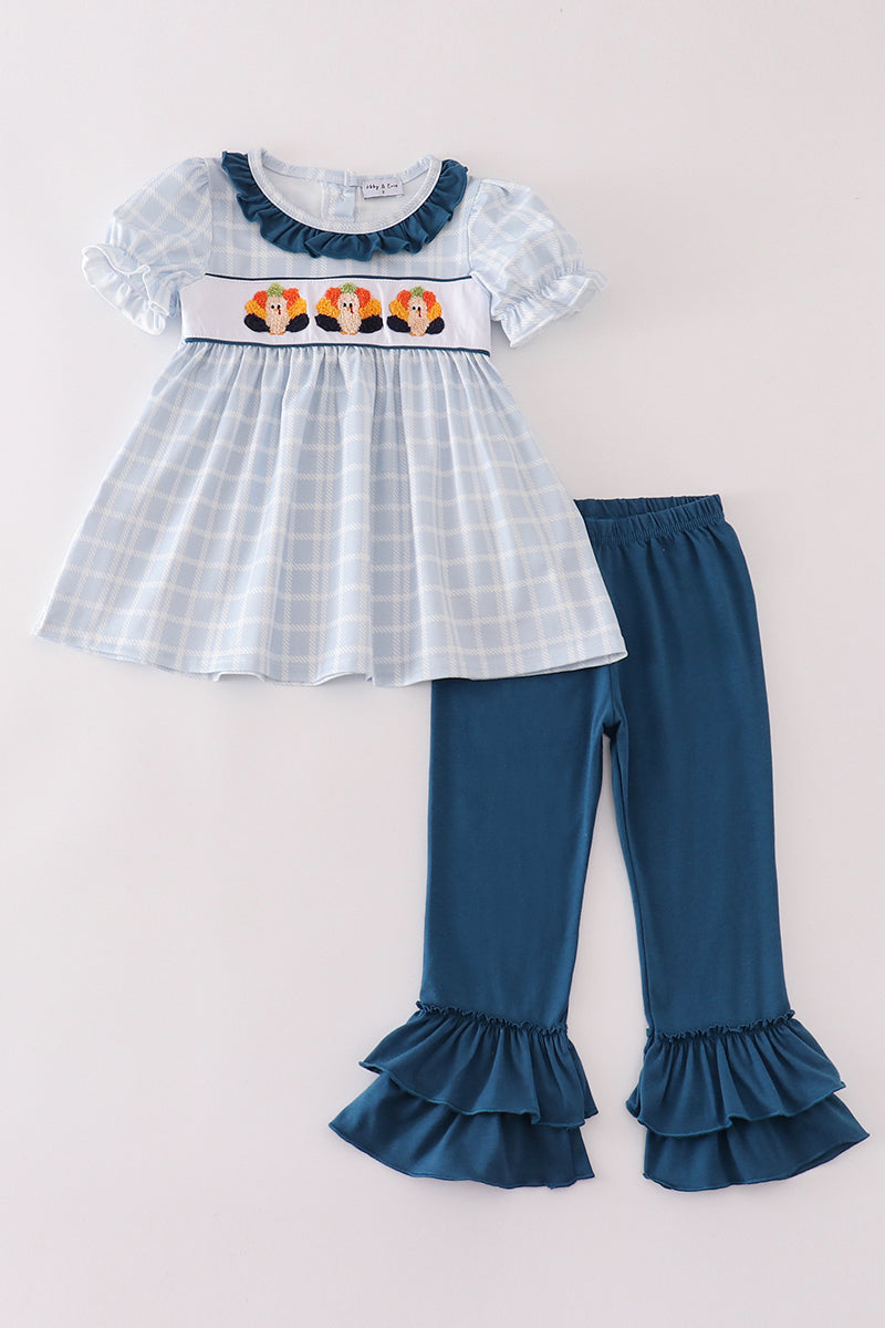 Teal Thanksgiving Turkey French Knot Plaid Set - Sweet Fall Style for Girls