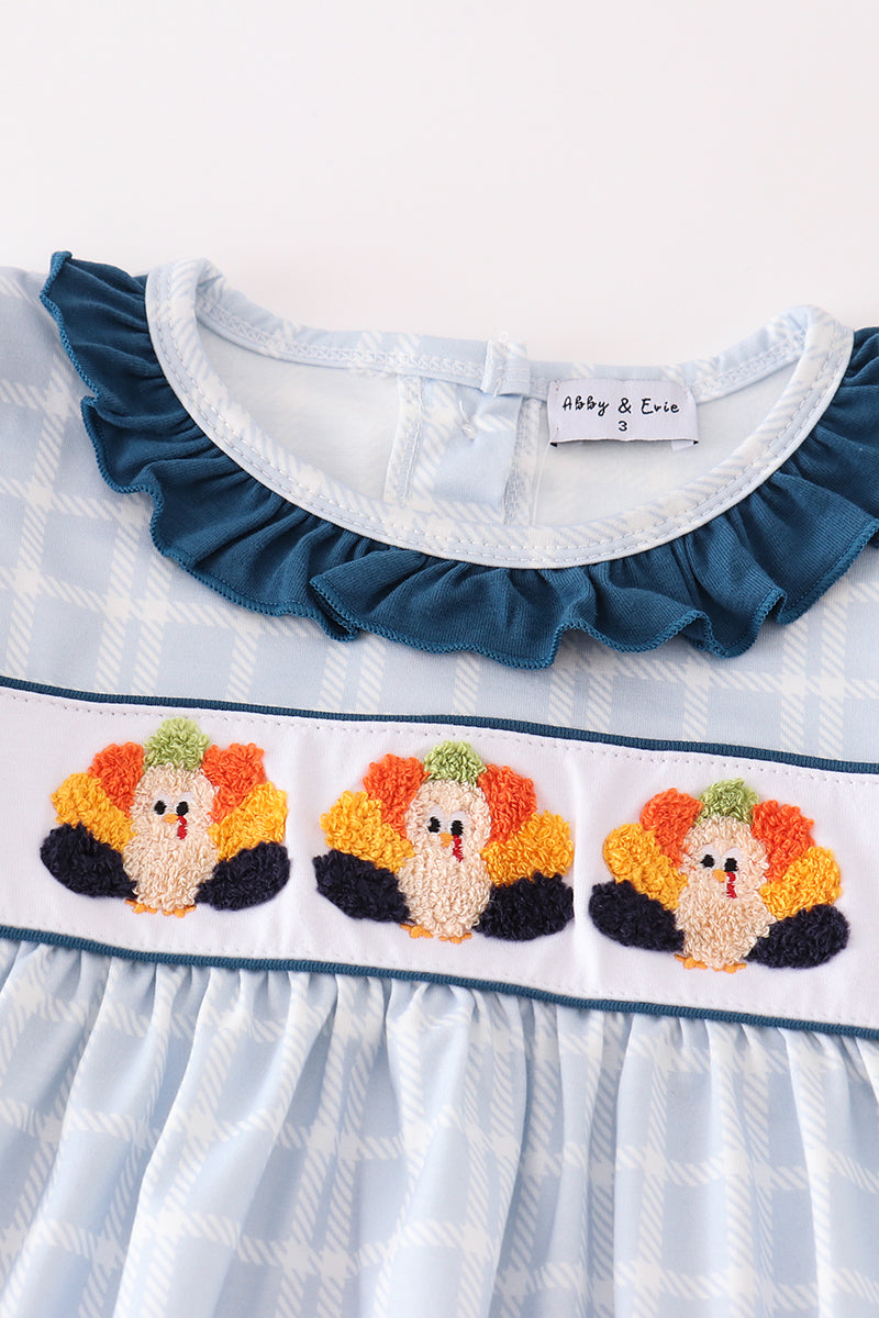 Teal Thanksgiving Turkey French Knot Plaid Set - Sweet Fall Style for Girls