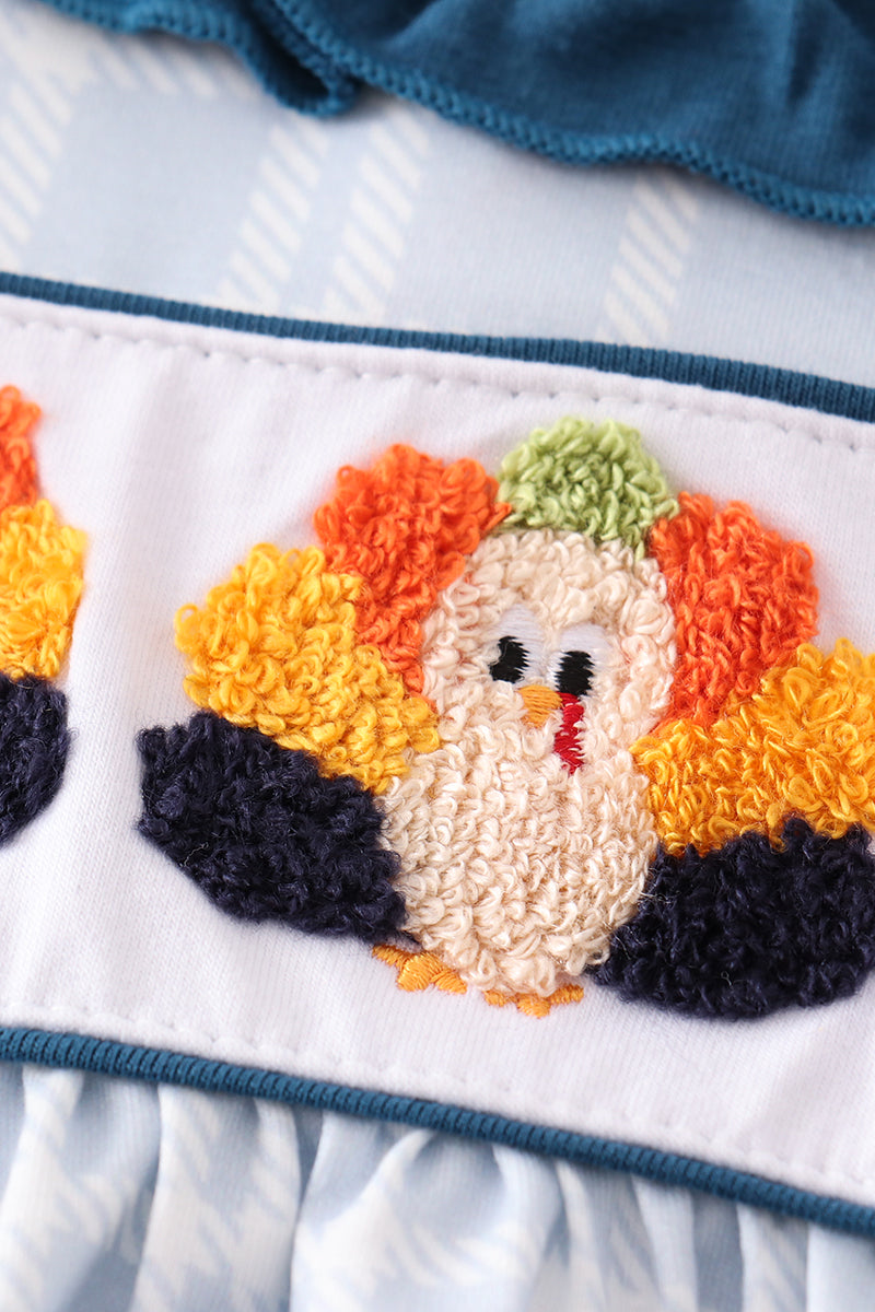 Teal Thanksgiving Turkey French Knot Plaid Set - Sweet Fall Style for Girls