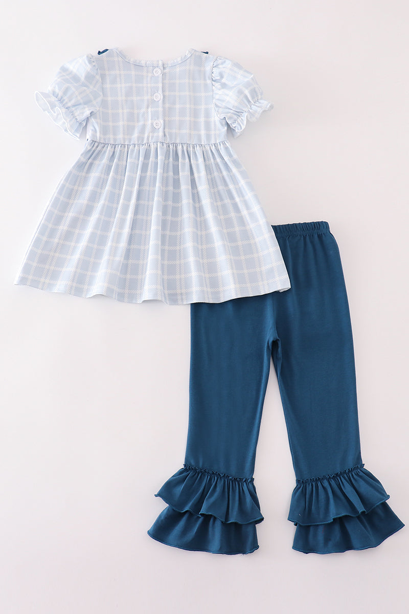 Teal Thanksgiving Turkey French Knot Plaid Set - Sweet Fall Style for Girls