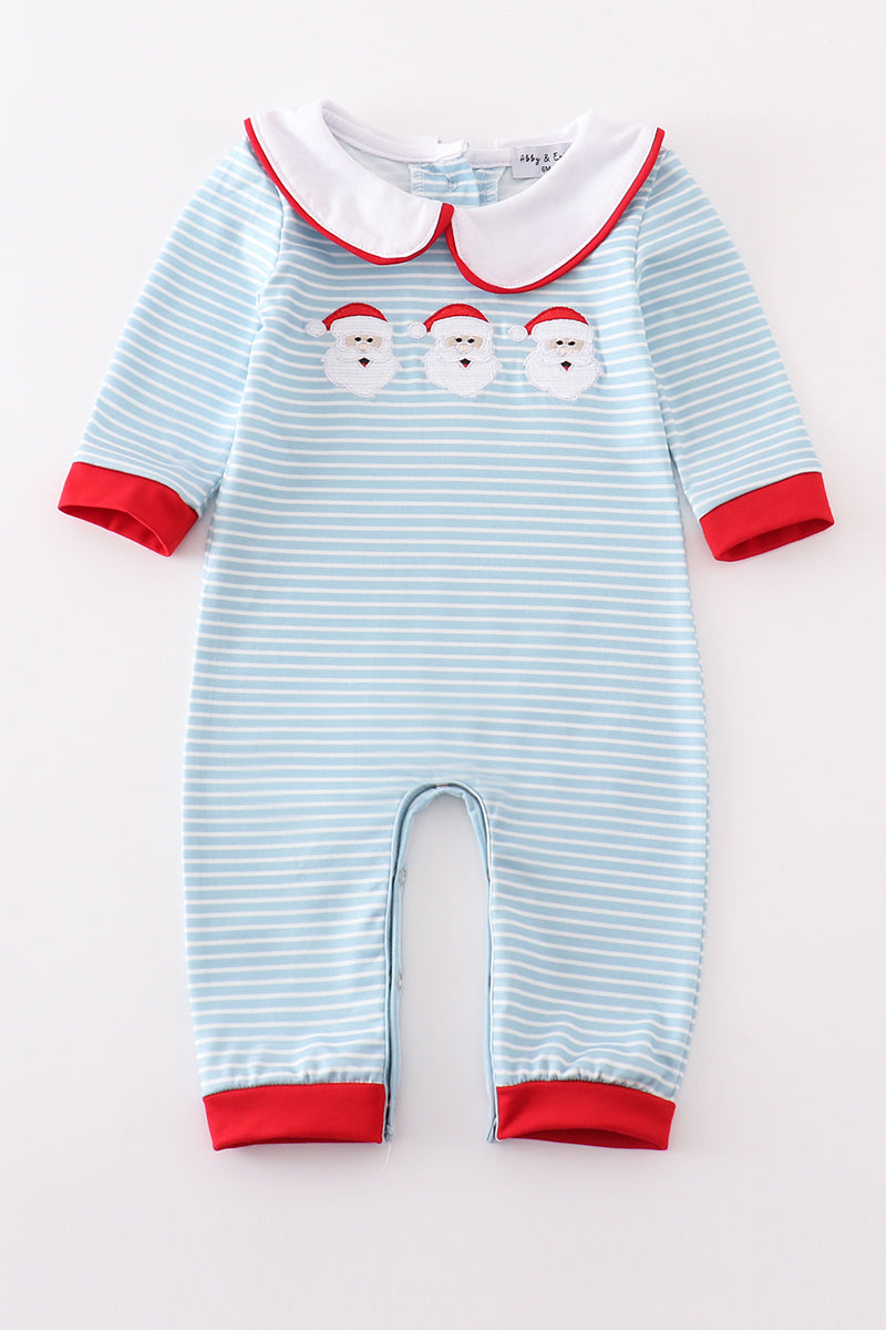 Blue Striped Santa Embroidered Collared Romper - Sweet Christmas Style for Baby Boys