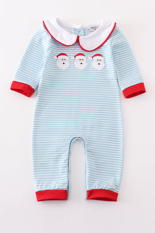 Blue Striped Santa Embroidered Collared Romper - Sweet Christmas Style for Baby Boys