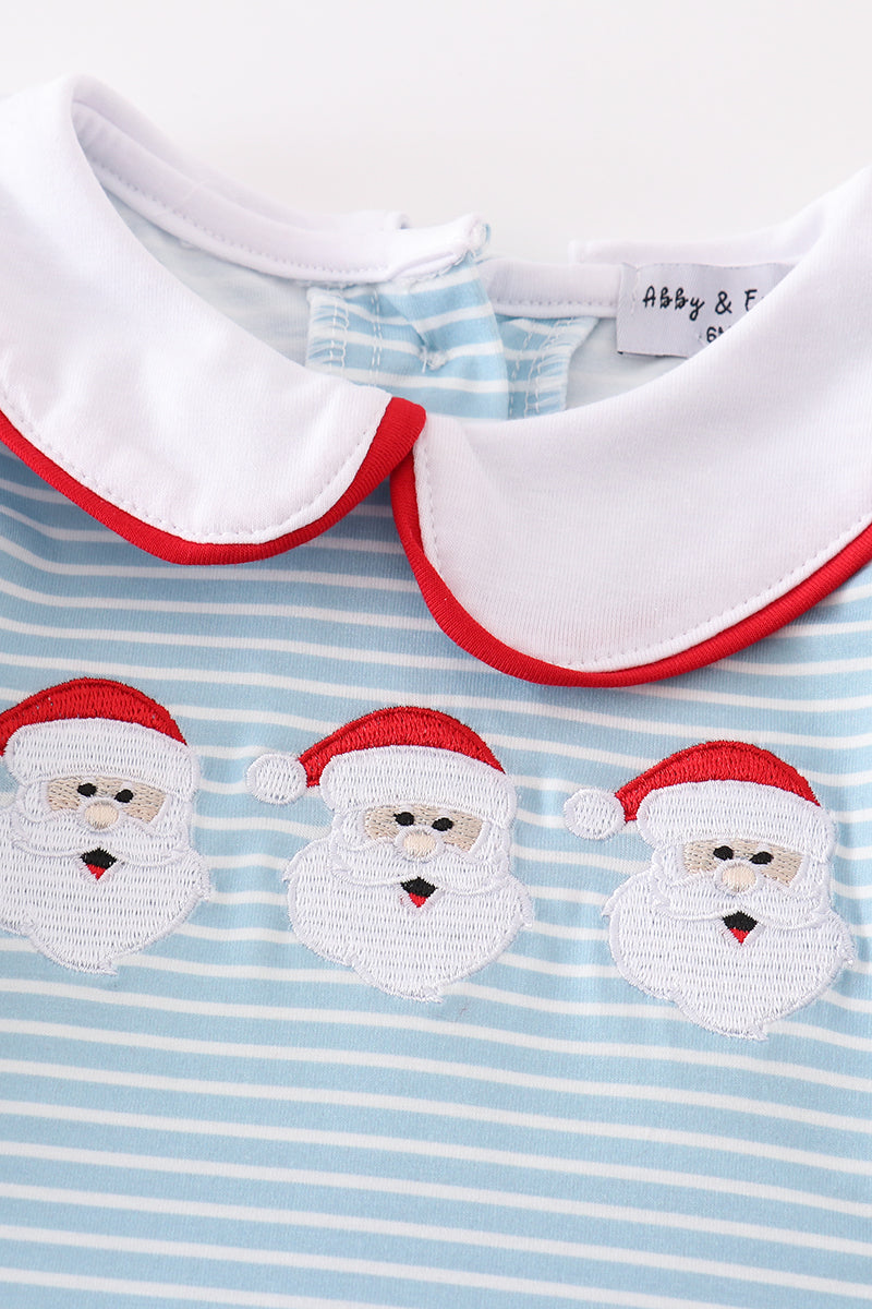 Blue Striped Santa Embroidered Collared Romper - Sweet Christmas Style for Baby Boys