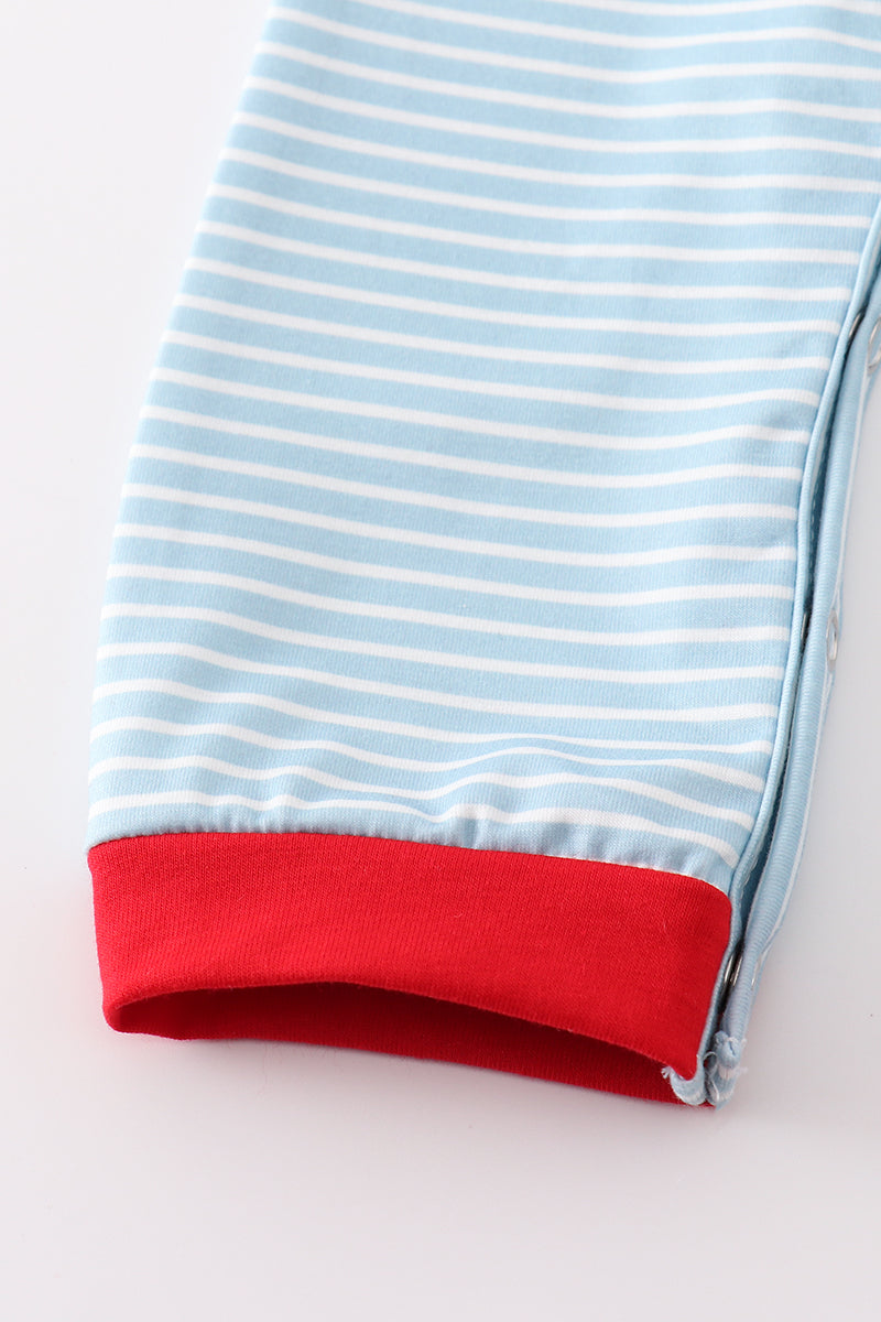 Blue Striped Santa Embroidered Collared Romper - Sweet Christmas Style for Baby Boys