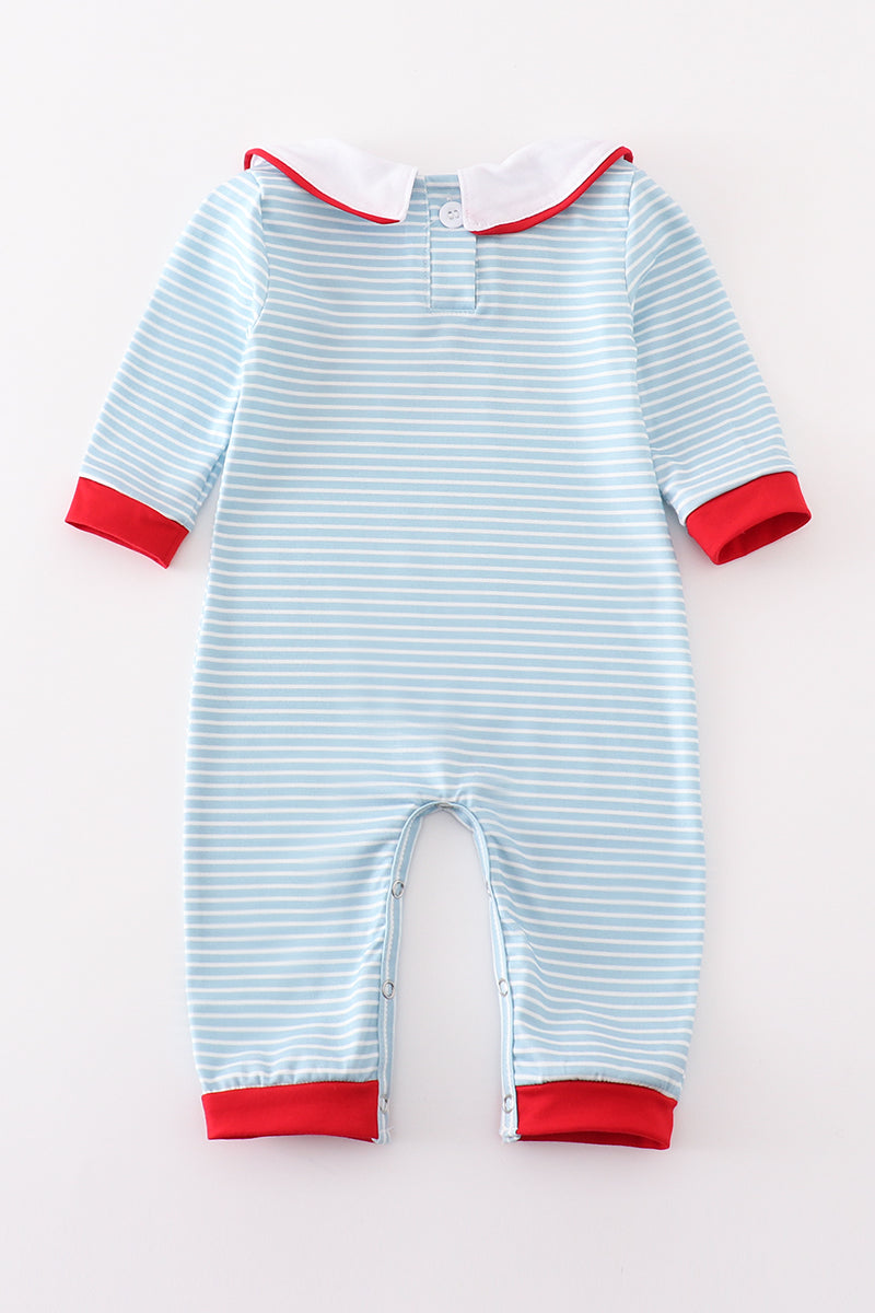 Blue Striped Santa Embroidered Collared Romper - Sweet Christmas Style for Baby Boys