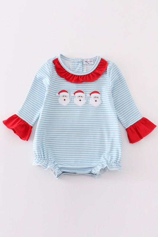 Blue Stripe Santa Claus Embroidered Girl Bubble - Sweet Baby Girl Christmas Style