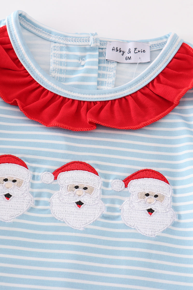 Blue Stripe Santa Claus Embroidered Girl Bubble - Sweet Baby Girl Christmas Style