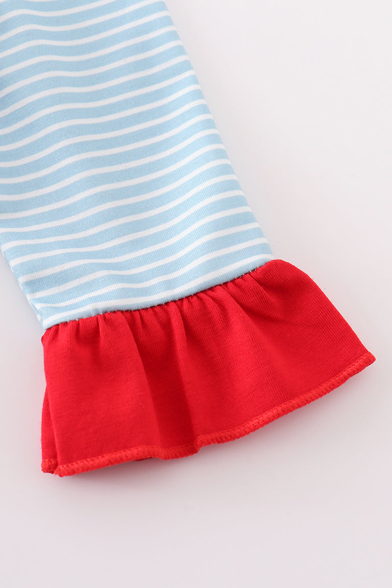 Blue Stripe Santa Claus Embroidered Girl Bubble - Sweet Baby Girl Christmas Style