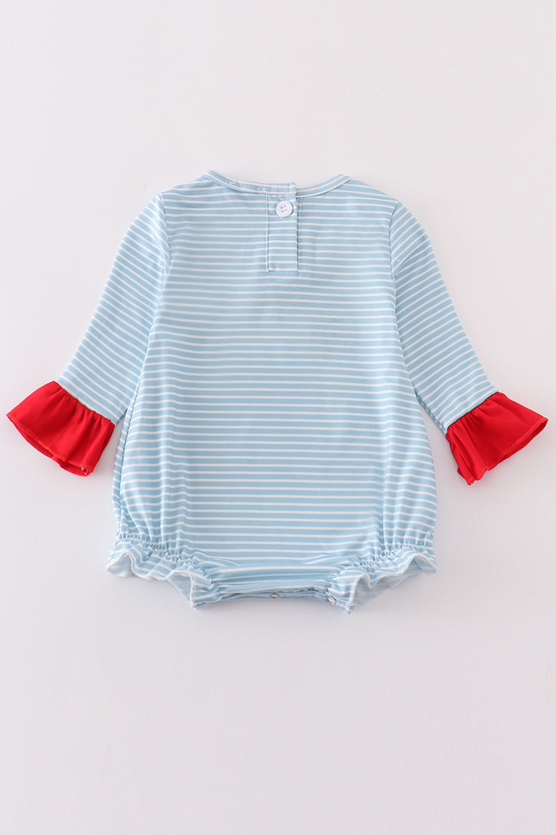 Blue Stripe Santa Claus Embroidered Girl Bubble - Sweet Baby Girl Christmas Style