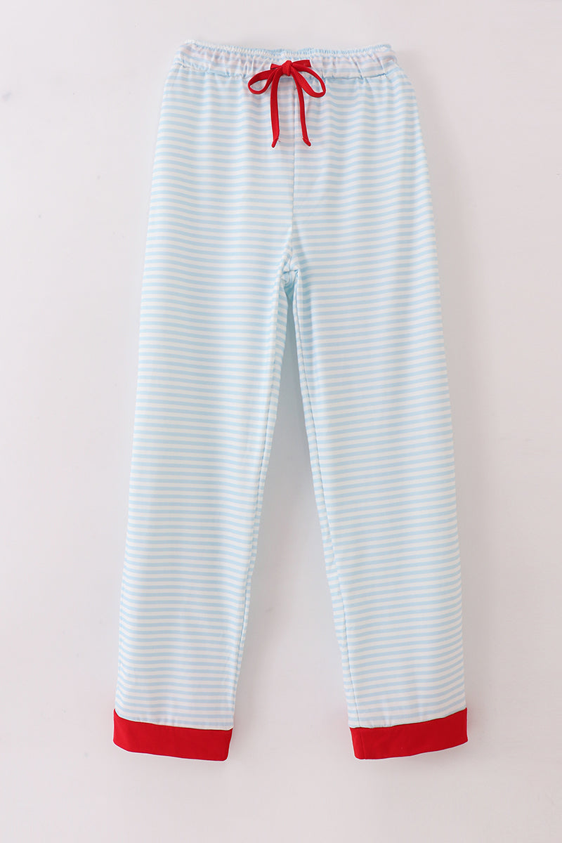 Blue Stripe Santa Embroidered Men's Pajama Pants - Cozy Christmas Nights