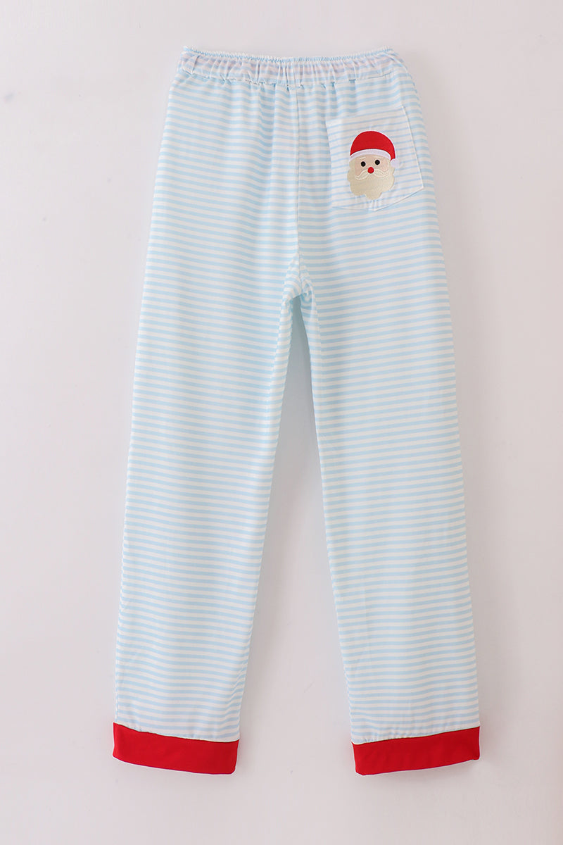 Blue Stripe Santa Embroidered Men's Pajama Pants - Cozy Christmas Nights