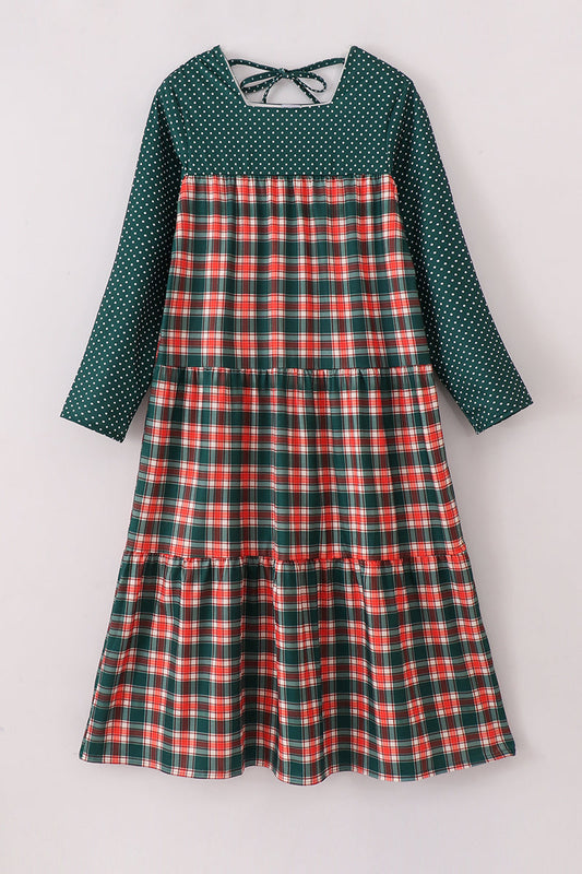 Forest Green Christmas Plaid Dress - Festive Holiday Style for Mom